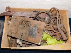A boxed quantity of iron wares including 19thC.