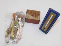 A small Russian style box, a mounted thermometer &