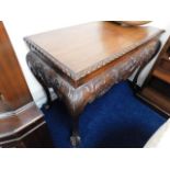 A large 20thC. reproduction mahogany hall table with piecrust edge, carved decor & ball & claw feet