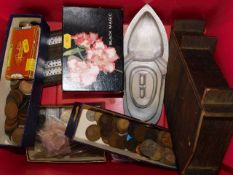 A boxed quantity of sundry items & coins