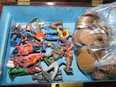 A boxed quantity of metal toy figures & copper coi