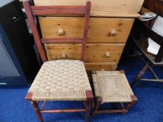 A small chair & stool with rattan seats