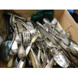 A box of mostly antique silver plated flatware