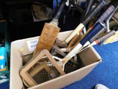 A boxed quantity of tennis rackets & a cricket bat