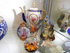 A House of Faberge coffee pot, three model birds &