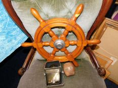 A small yacht wheel, a compass & a commemorative w