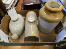 Two stoneware hot water bottles & a stoneware jar