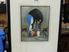 A Persian style watercolour twinned with two print