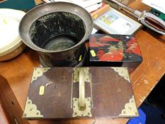 A brass bound work box, a brass plated urn & a lac