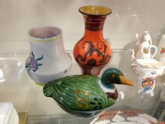 A Gouda vase, a Poole vase & a French pate dish