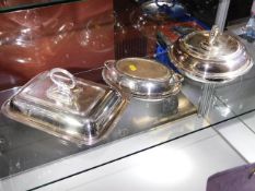 Three antique silver plated tureens with covers &