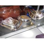 Three antique silver plated tureens with covers &