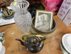A cut glass vase, a brass & copper kettle & two ot