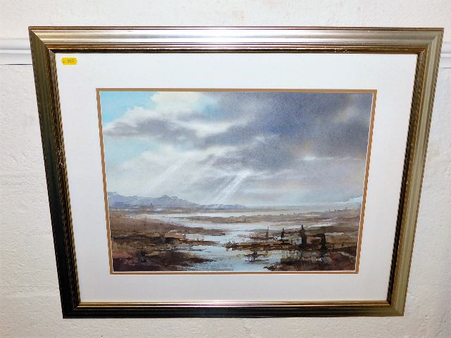 A framed watercolour of estuary scene signed P. A