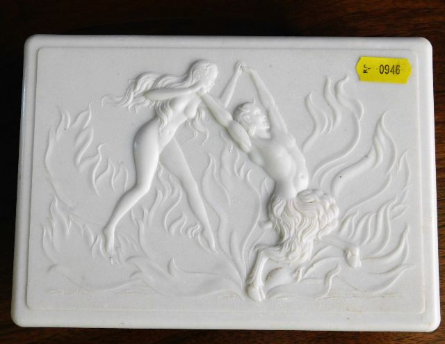 An early 20thC. bakelite box with Bacchante and Sa