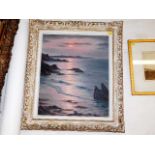 A framed oil of coastal sunset scene signed R. De