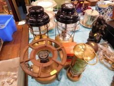 Two Tilley lamps, a stove & a brass Williams miners lamp (miners lamp has damage to glass)