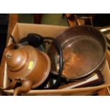 A copper pan with brass handles & a boxed quantity
