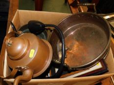 A copper pan with brass handles & a boxed quantity