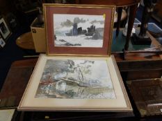 Two framed watercolours & other items