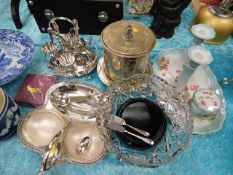 A silver plated biscuit barrel, a small quantity of other metalware, a glass bowl & a part dressing