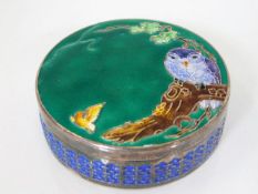 An enamelled 0.980 silver trinket box with owl dec