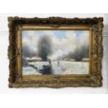 A framed oil painting depicting winter landscape s