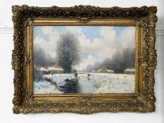 A framed oil painting depicting winter landscape s