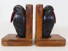 A pair of 1930’s Cornish Chough bird bookends with bakelite beaks & feet