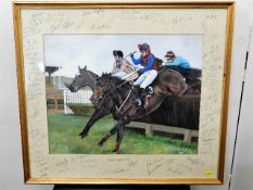 A framed watercolour depicting a NH horse race sig