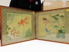 Two framed Chinese paintings of fish on silk both