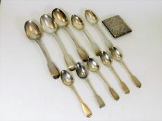 Three antique silver tablespoons, two dessert spoo