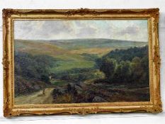 A large antique oil on canvas of English landscape