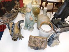 Three figurative pieces of studio pottery & three