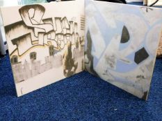 Two Banksy commissioned Peronda graffiti tiles, on