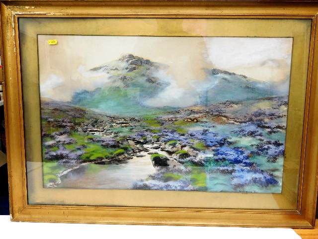 A framed watercolour of Dartmoor scene river & tor