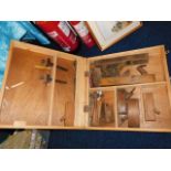 A boxed set of wooden tools & other items