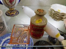 A glass rolling pin, a Boots stoneware bottle & an