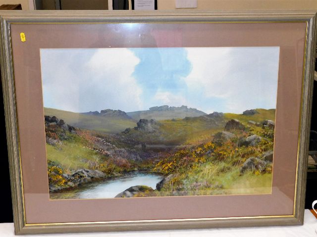 A framed gouache painting of Dartmoor signed R. D.