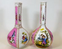 Two late 19thC. Dresden quatrefoil vases, 12in & 1