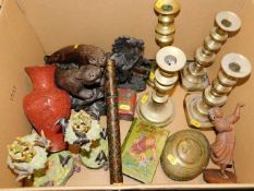 Two pairs of brass candlesticks, a Jack The Giant