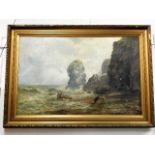 A large framed c.1900 oil painting of Marsden Rock