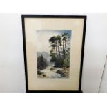 A framed woodcut print of river landscape signed J Alphege Brewer, image size 15in x 10in