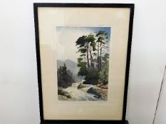 A framed woodcut print of river landscape signed J Alphege Brewer, image size 15in x 10in