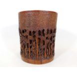 A carved 19thC. Chinese bamboo brush pot signed to