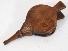 An early carved treen snuff box as a set of bellows with brass pin inscription Forget Me Not