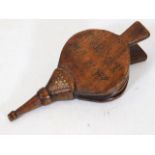 An early carved treen snuff box as a set of bellows with brass pin inscription Forget Me Not