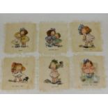 Six c.1910 original paintings on fine silk very mu