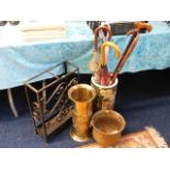 Three stick stands, a brass bucket & other items