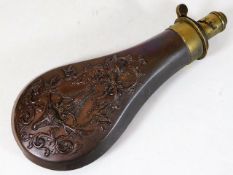 A 19thC. copper powder flask with brass top